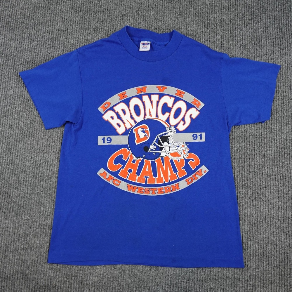 Vintage Denver Broncos Shirt Mens Medium Blue NFL Single Stitch USA 90s